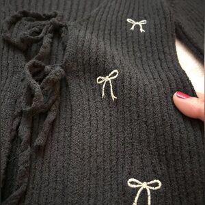 Black Tie-front Knit Top Sweater Cardigan with Bow Details